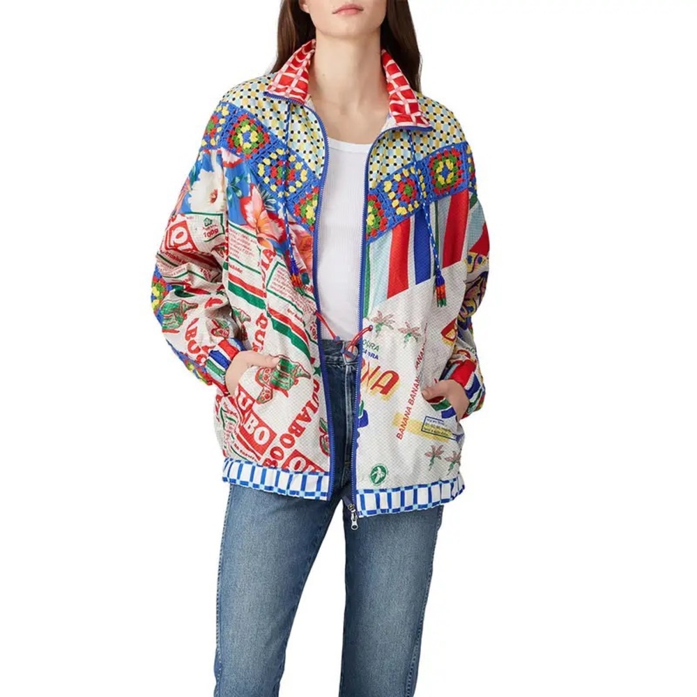 Farm Rio Carnival Mix Jacket with patchwork print & granny square crochet medium
